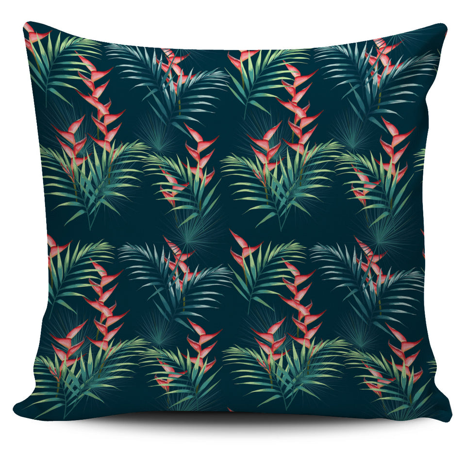 Heliconia Flowers, Palm And Monstera Leaves On Black Background Pattern Pillow Cover