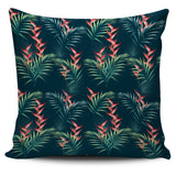 Heliconia Flowers, Palm And Monstera Leaves On Black Background Pattern Pillow Cover