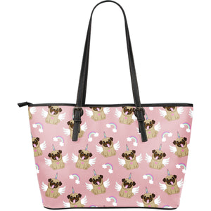Cute Unicorn Pug Pattern Large Leather Tote Bag