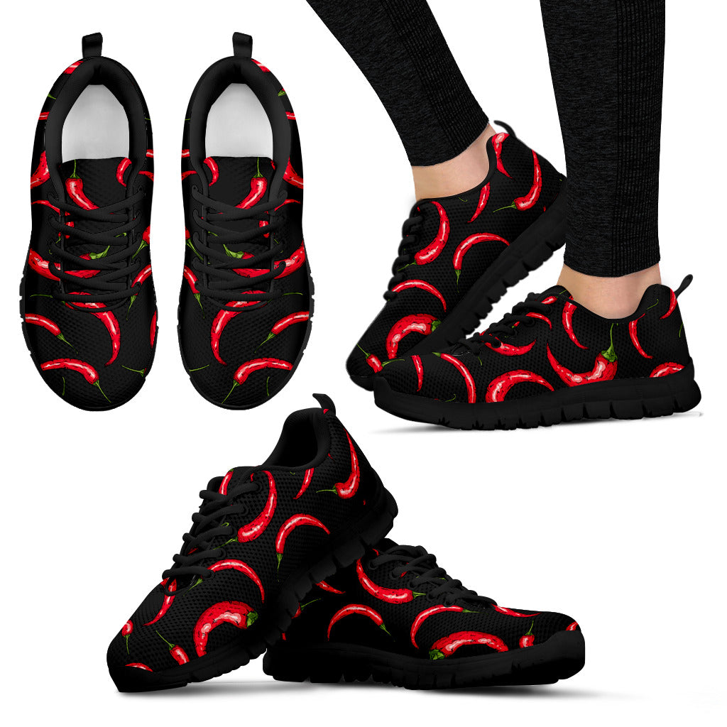 Chili Peppers Pattern Black Background Women'S Sneaker Shoes