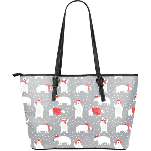 Cute Polar Bear Christmas Snow Pattern Large Leather Tote Bag