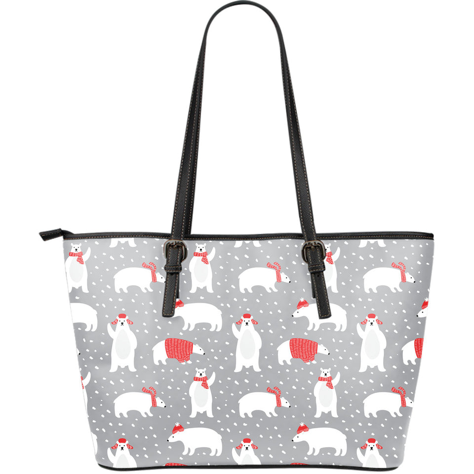 Cute Polar Bear Christmas Snow Pattern Large Leather Tote Bag