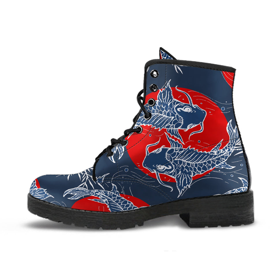 Koi Fish Carp Fishs Hand Drawn Japanese Art Leather Boots