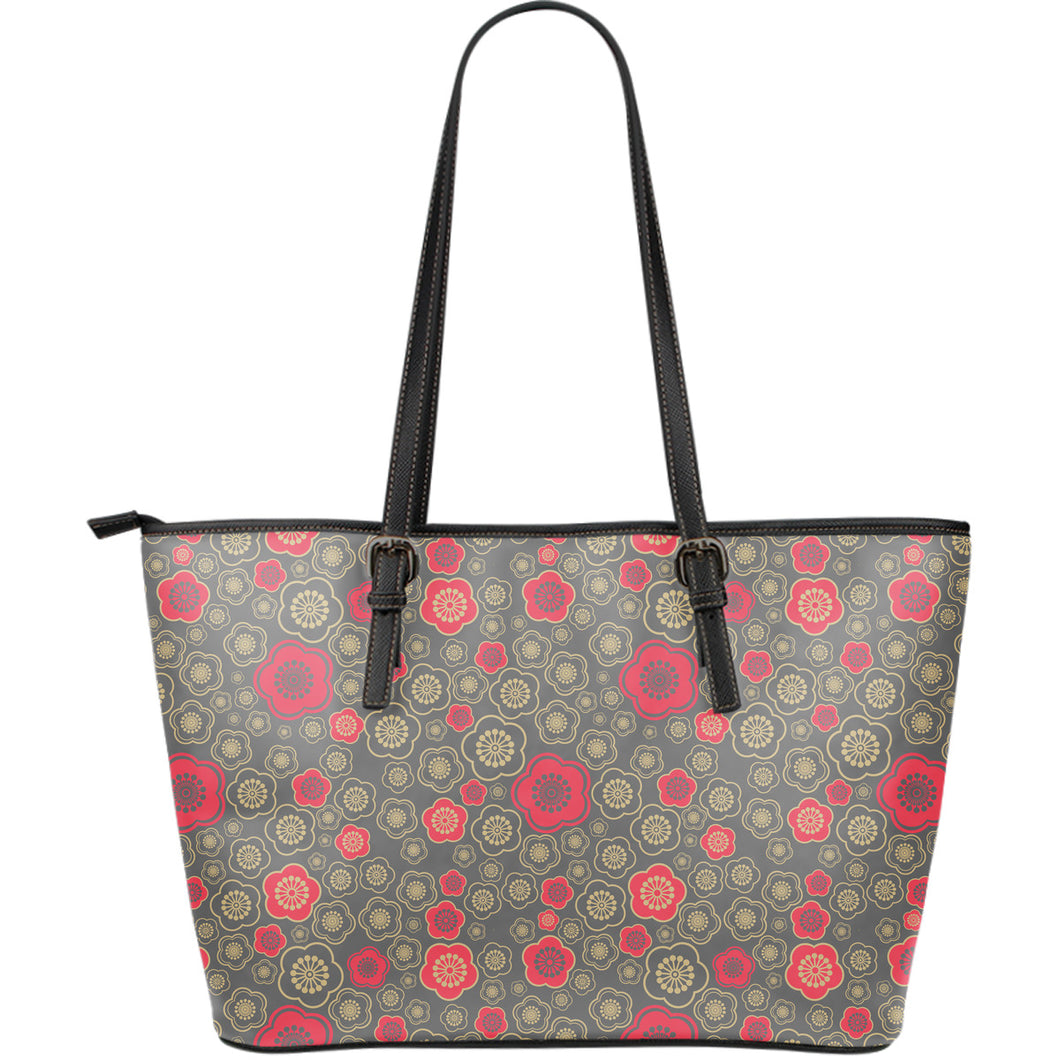 Red Gold Sakura Cherry Blossom Gray Background Large Leather Tote Bag