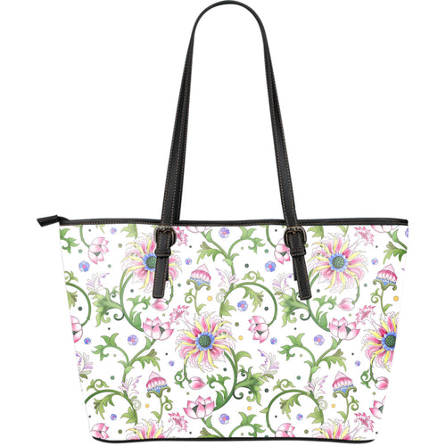 Beautiful Pink Lotus Waterlily Leaves Pattern Large Leather Tote Bag