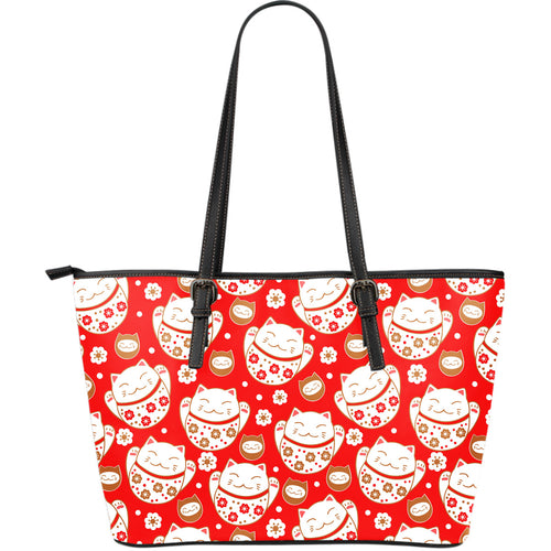 Cute Maneki Neko Lucky Cat Red Background Large Leather Tote Bag