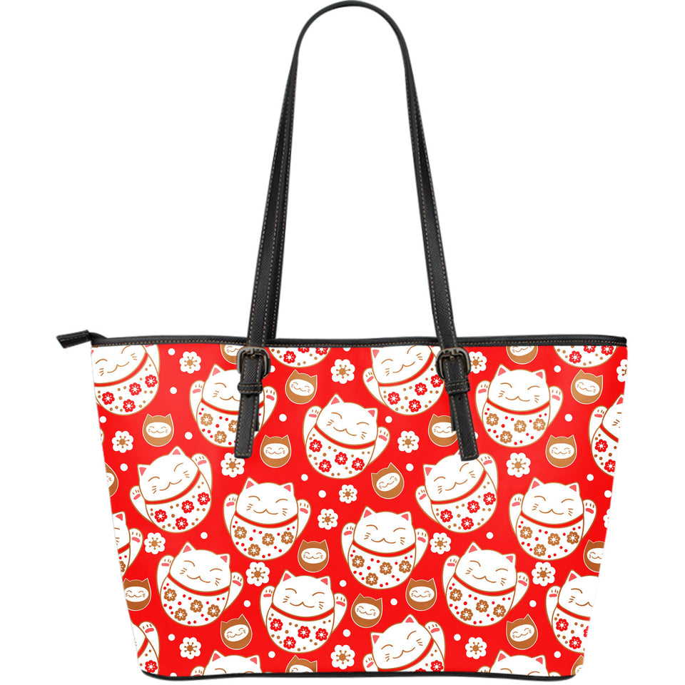 Cute Maneki Neko Lucky Cat Red Background Large Leather Tote Bag