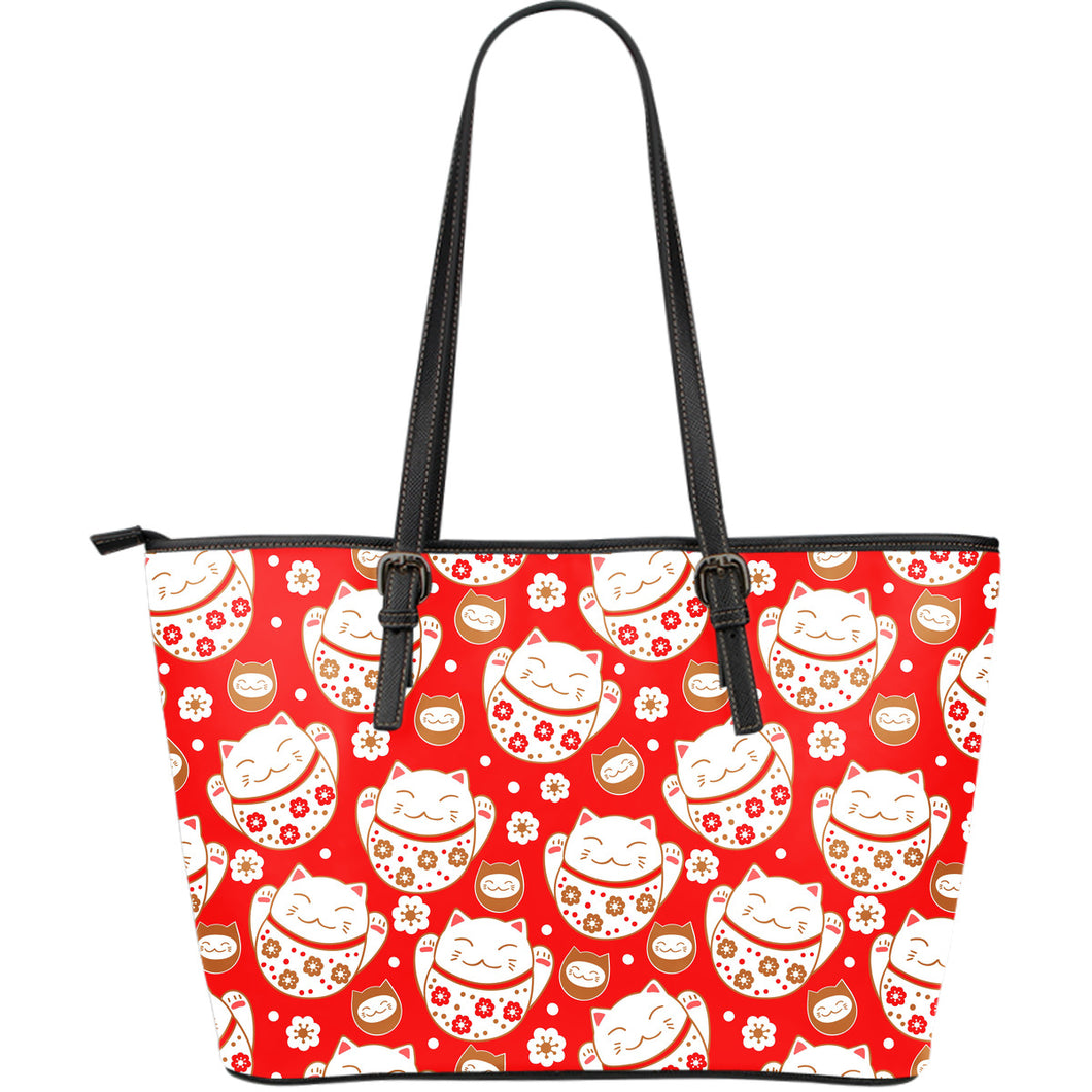 Cute Maneki Neko Lucky Cat Red Background Large Leather Tote Bag