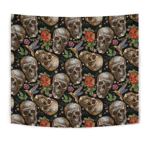 Skull Rose Humming Bird Flower Pattern Wall Tapestry