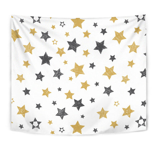 Hand Drawn Gold Black Star Pattern Wall Tapestry