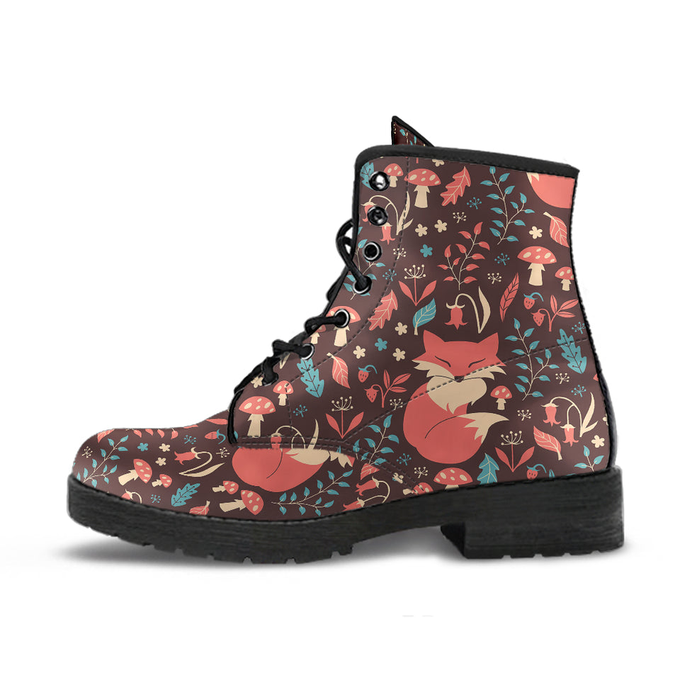 Fox Leaves Mushroom Pattern Leather Boots