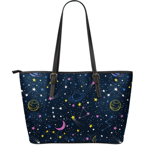 Space Pattern With Planets, Comets, Constellations And Stars Large Leather Tote Bag