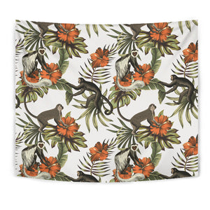 Monkey Red Hibiscus Flower Palm Leaves Floral Pattern Wall Tapestry