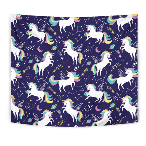 Hand Drawn Cute Unicorn Star Planet Wall Tapestry