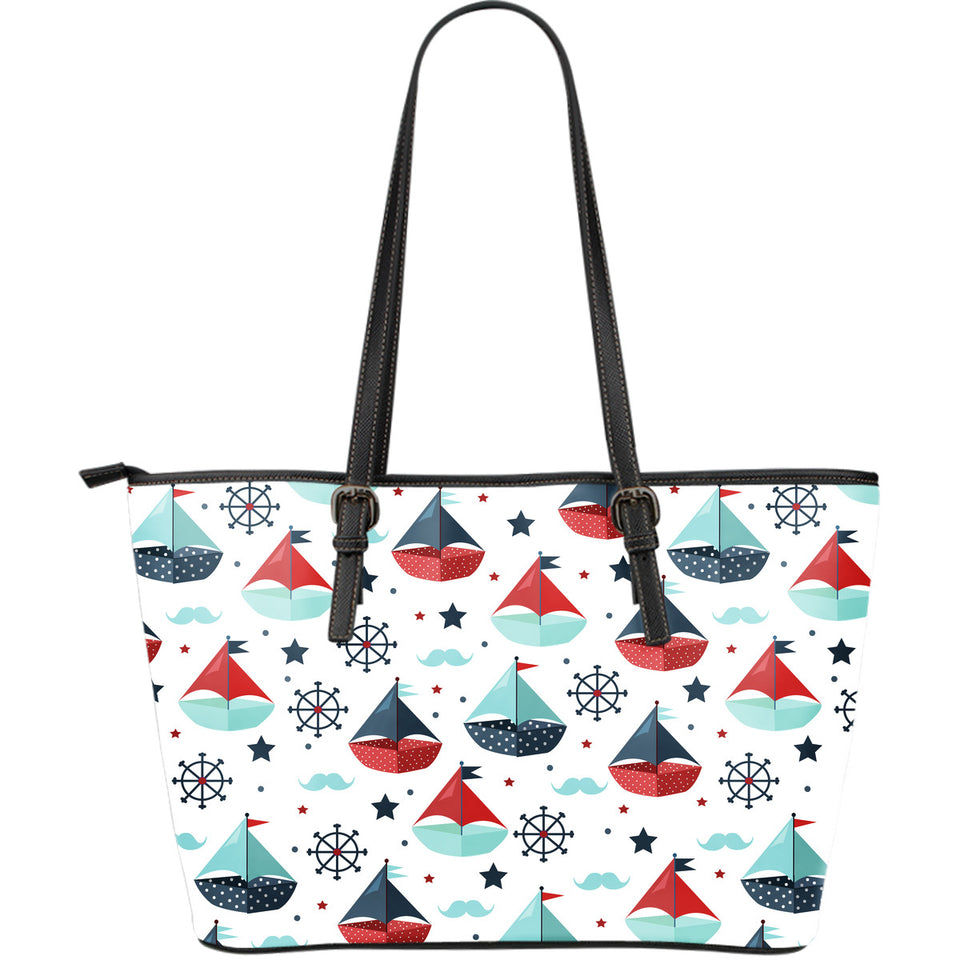 Cute Color Paper Sailboat Pattern Large Leather Tote Bag