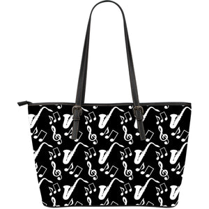 Axophone Music Notes Treble Clef Black White Theme Large Leather Tote Bag
