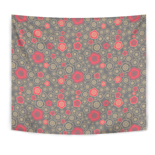 Red Gold Sakura Cherry Blossom Gray Background Wall Tapestry