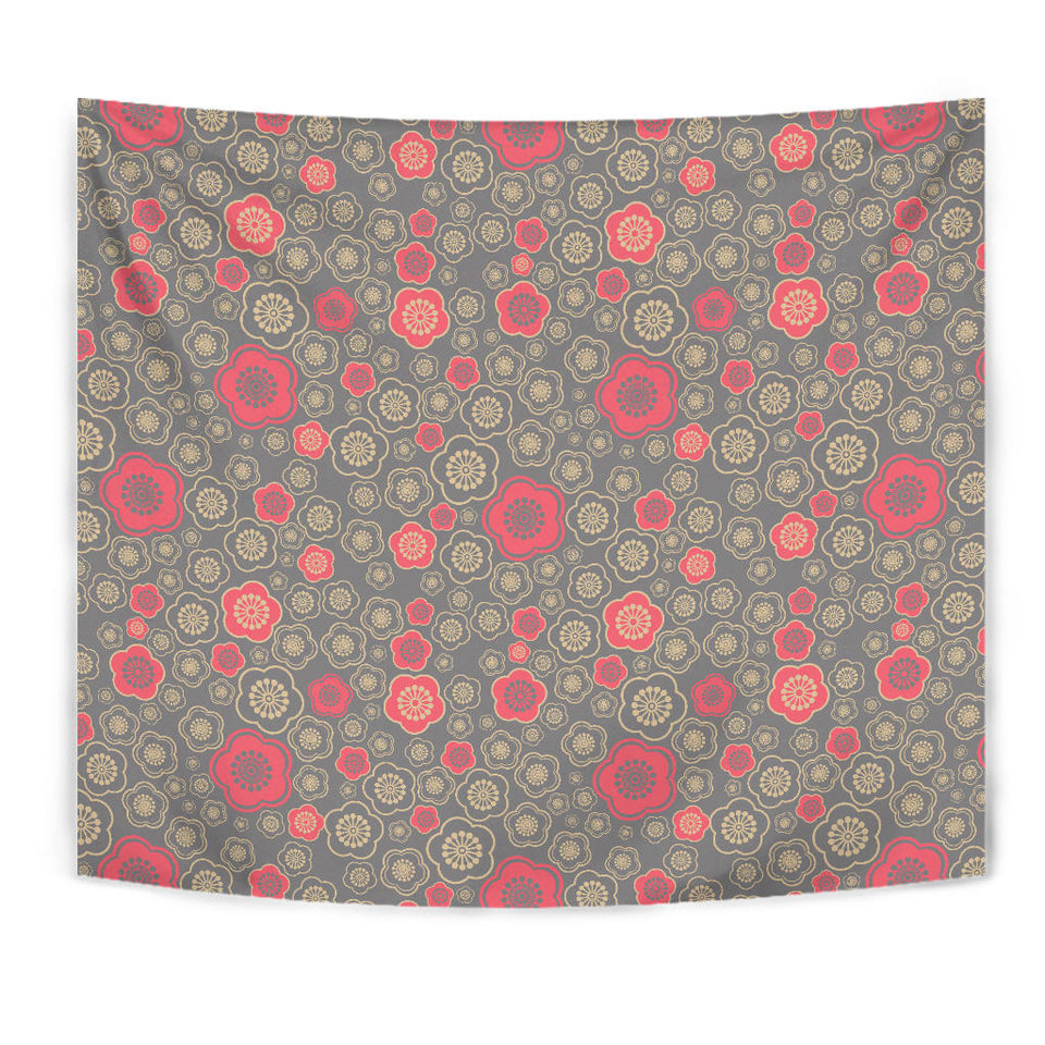 Red Gold Sakura Cherry Blossom Gray Background Wall Tapestry