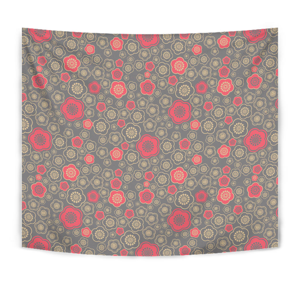 Red Gold Sakura Cherry Blossom Gray Background Wall Tapestry