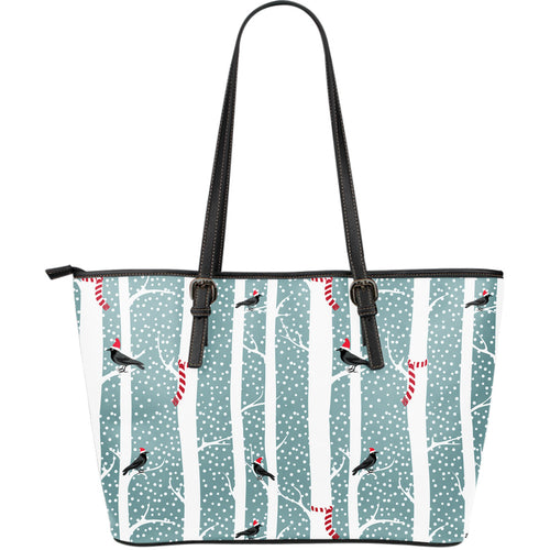 Crows Christmas Hat Scarf Large Leather Tote Bag