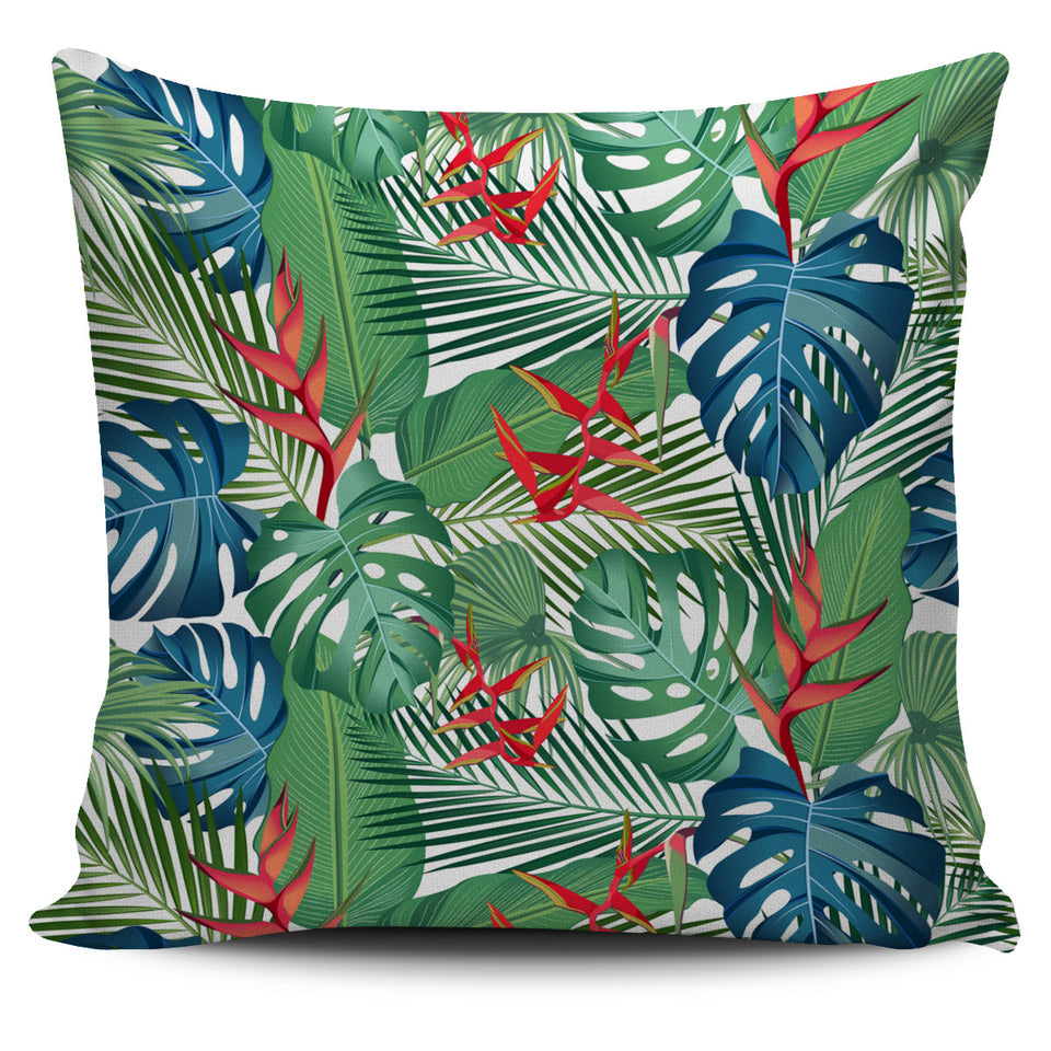 Heliconia Palm And Monstera  Leaves Pattern Pillow Cover