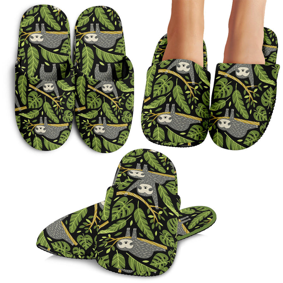 Cute Sloths Tropical Palm Leaves Black Background Slippers