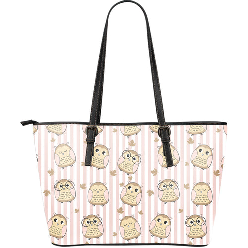 Cute Owl Leaf Large Leather Tote Bag
