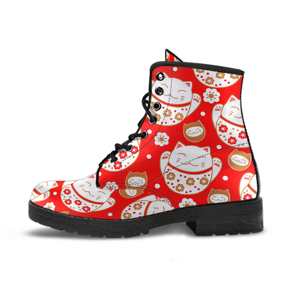 Cute Maneki Neko Lucky Cat Red Background Leather Boots