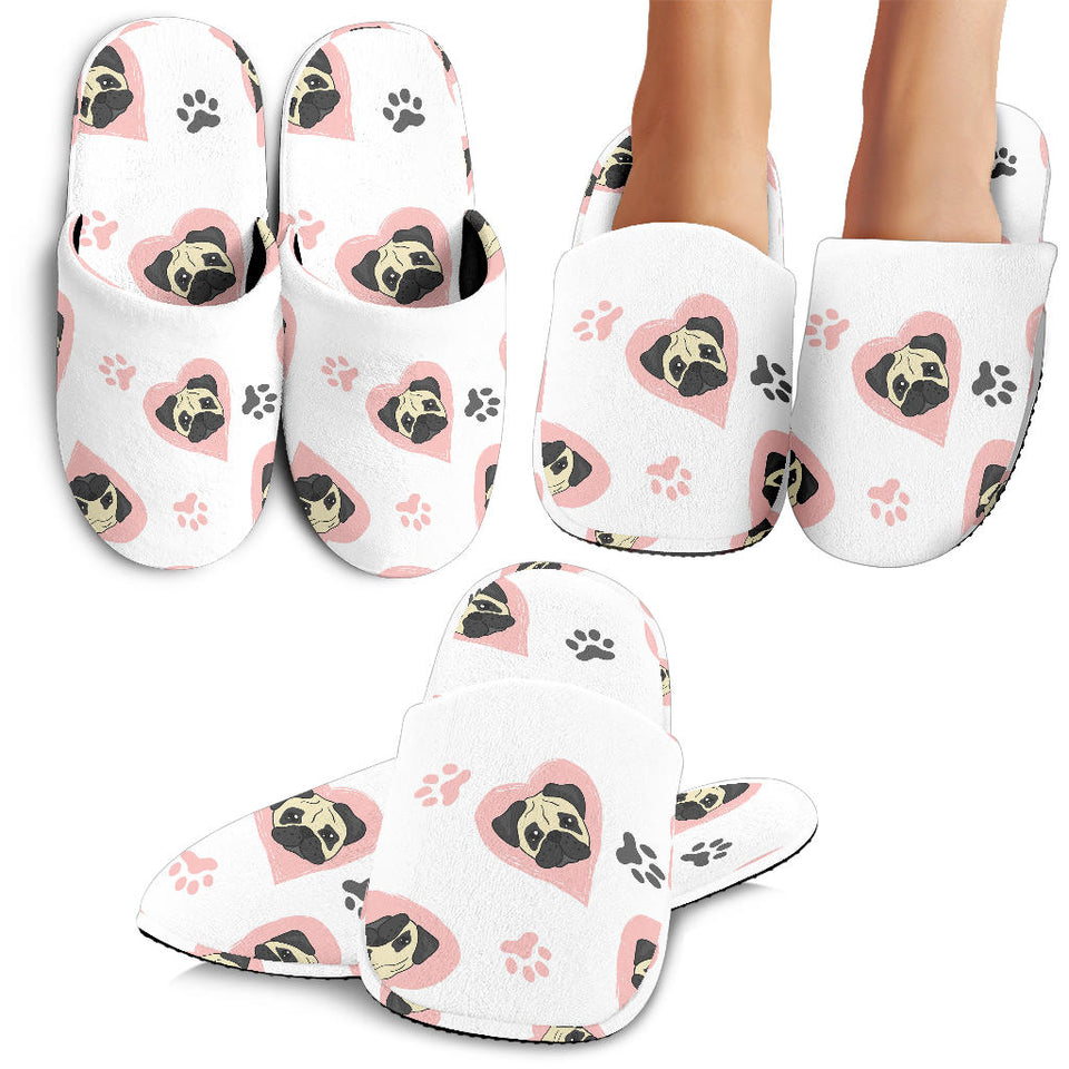 Cute Pugs Pink Heart Paw Pattern Slippers