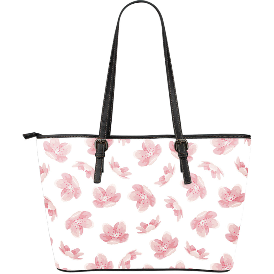 Pink Sakura Cherry Blossom Pattern Large Leather Tote Bag