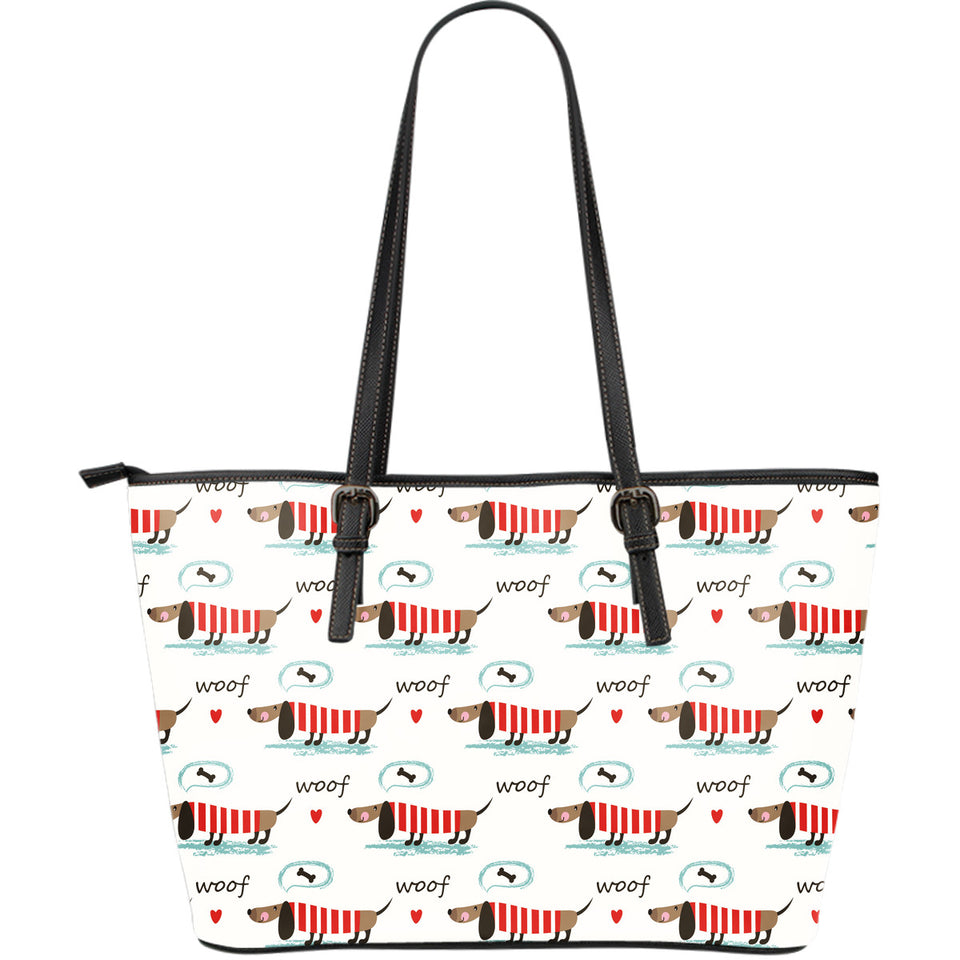 Cute Dachshund Bone Pattern Large Leather Tote Bag