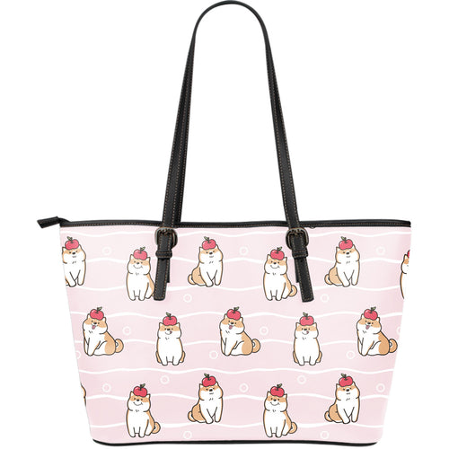 Cute Shiba Inu Dog Apple Pattern Large Leather Tote Bag