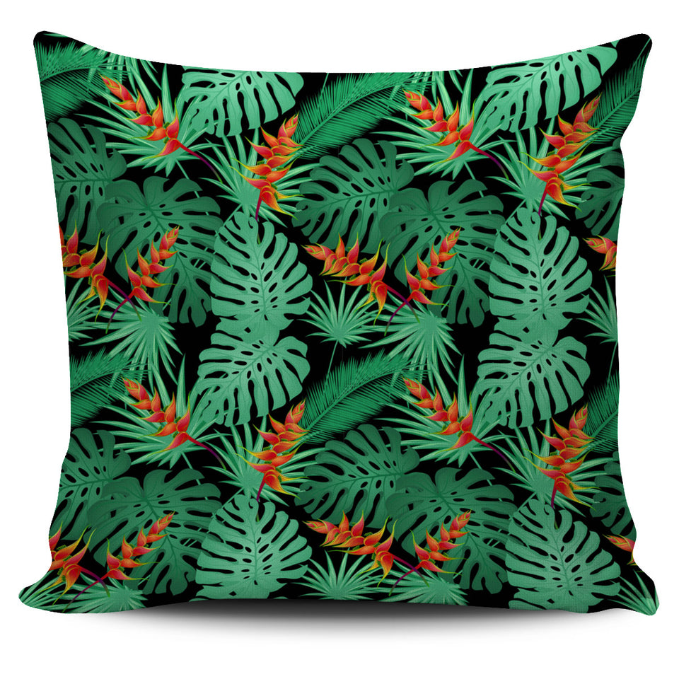 Heliconia Flower Palm Monstera Leaves Black Background Pillow Cover