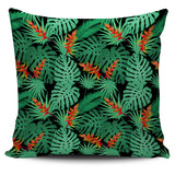 Heliconia Flower Palm Monstera Leaves Black Background Pillow Cover