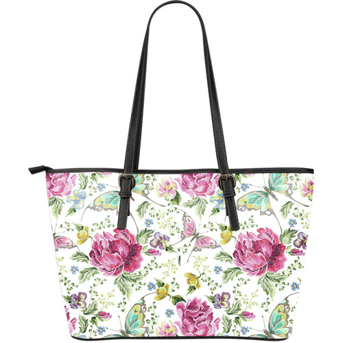 Hand Drawn Butterfly Rose Large Leather Tote Bag