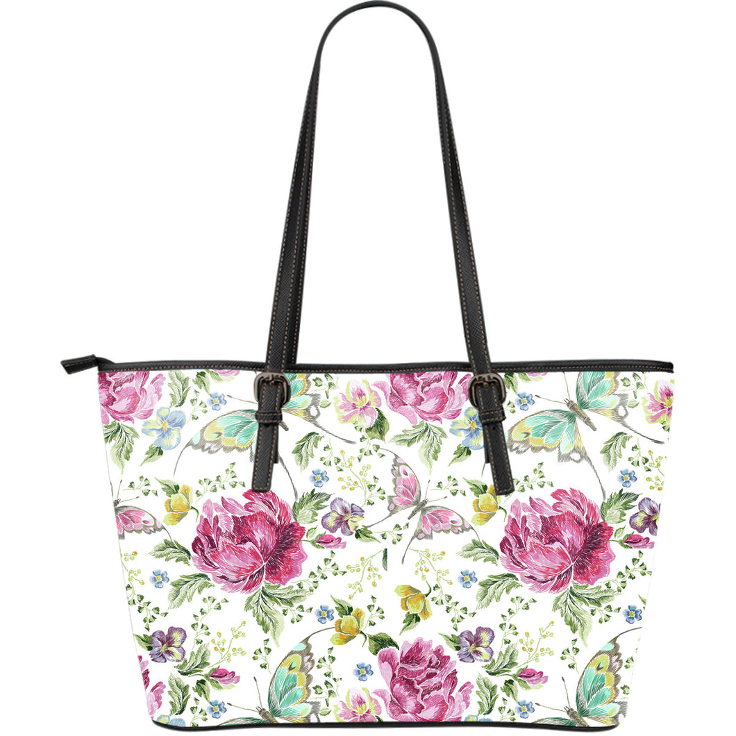 Hand Drawn Butterfly Rose Large Leather Tote Bag