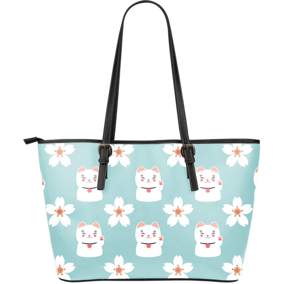 Maneki Neko Lucky Cat Sakura Large Leather Tote Bag