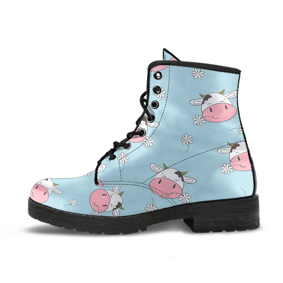 Cute Cow Flower Pattern Leather Boots