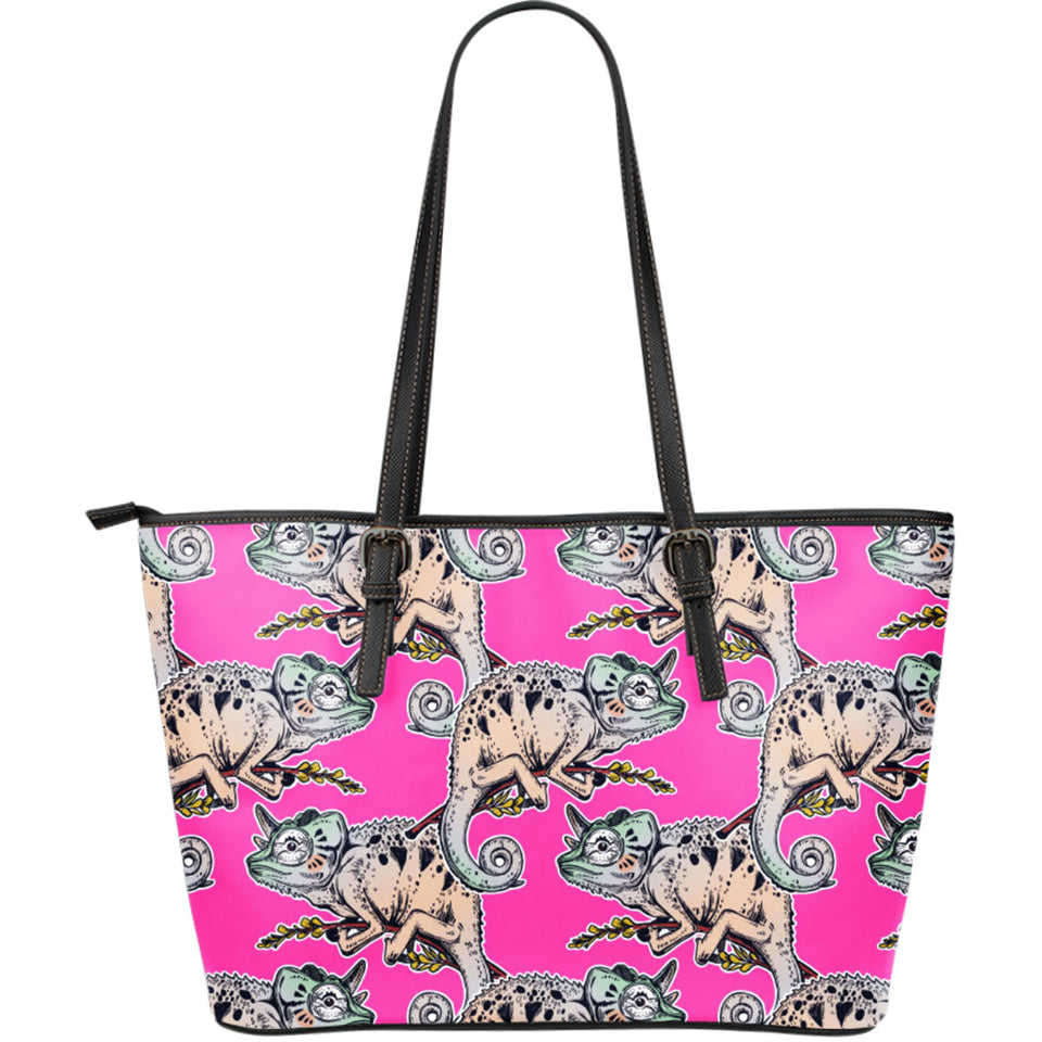 Chameleon Lizard Pattern Pink Background Large Leather Tote Bag