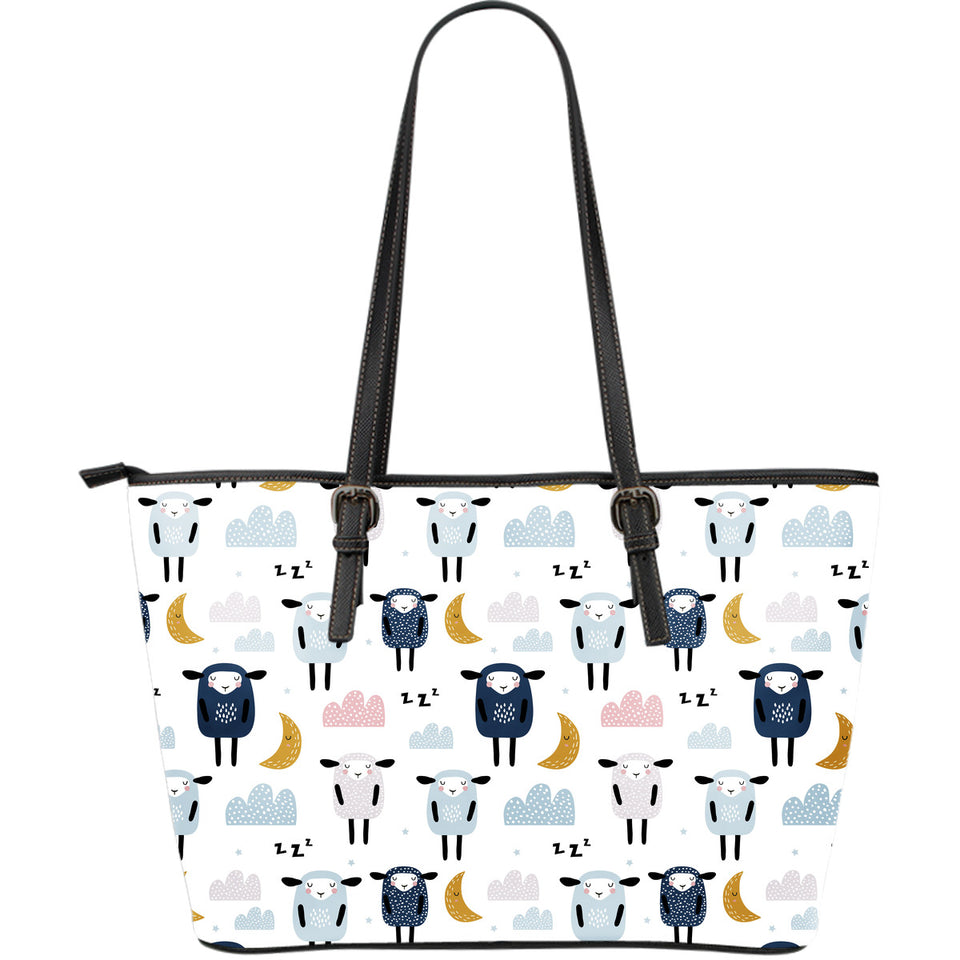 Cute Sleeping Sheep Moon Cloud Pattern Large Leather Tote Bag
