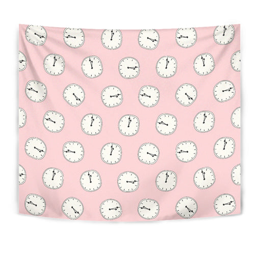 Clock Pattern Pink Blackground Wall Tapestry