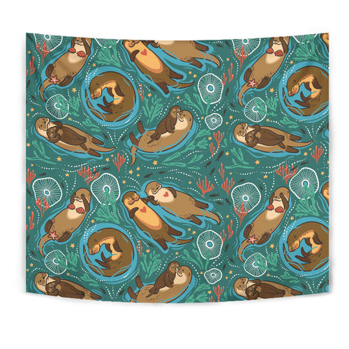 Cute Brown Sea Otters Ornamental Seaweed Corals Green Water Wall Tapestry