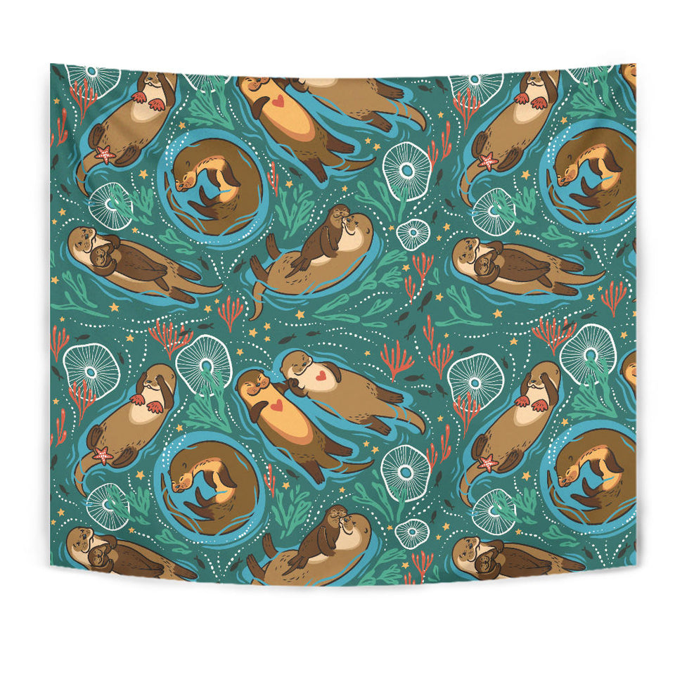 Cute Brown Sea Otters Ornamental Seaweed Corals Green Water Wall Tapestry