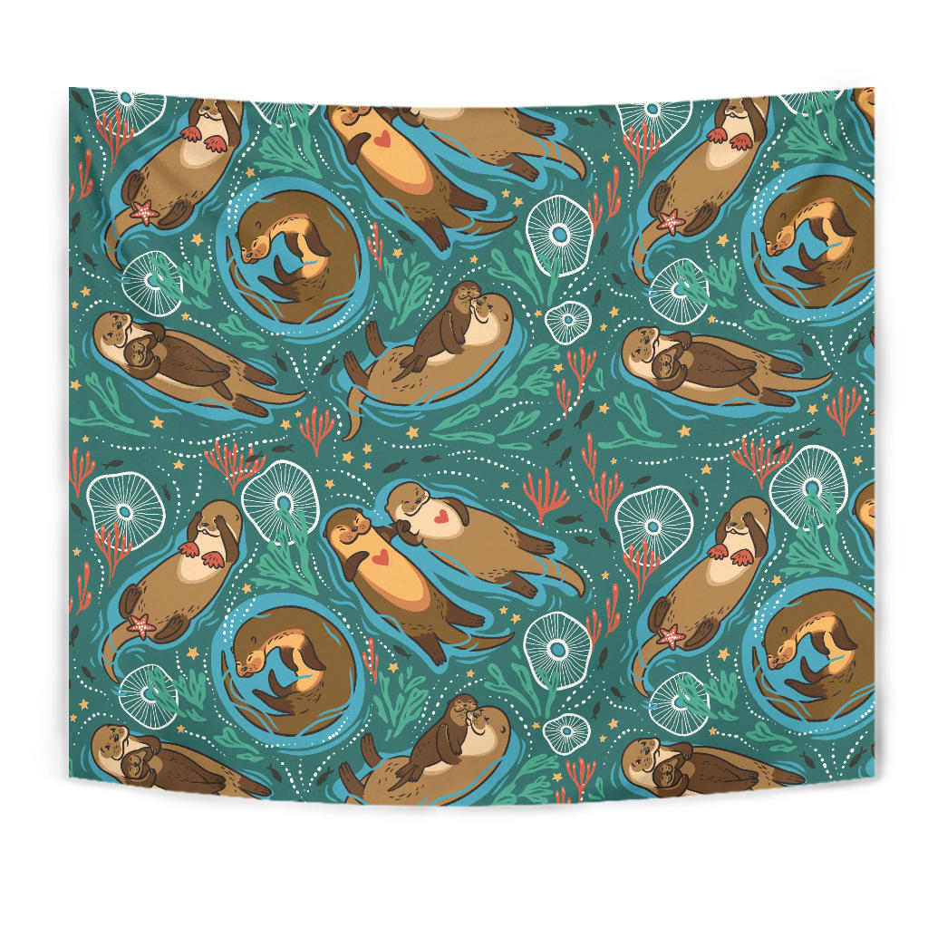 Cute Brown Sea Otters Ornamental Seaweed Corals Green Water Wall Tapestry