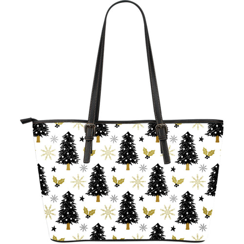 Christmas Tree Holly Snow Star Pattern Large Leather Tote Bag