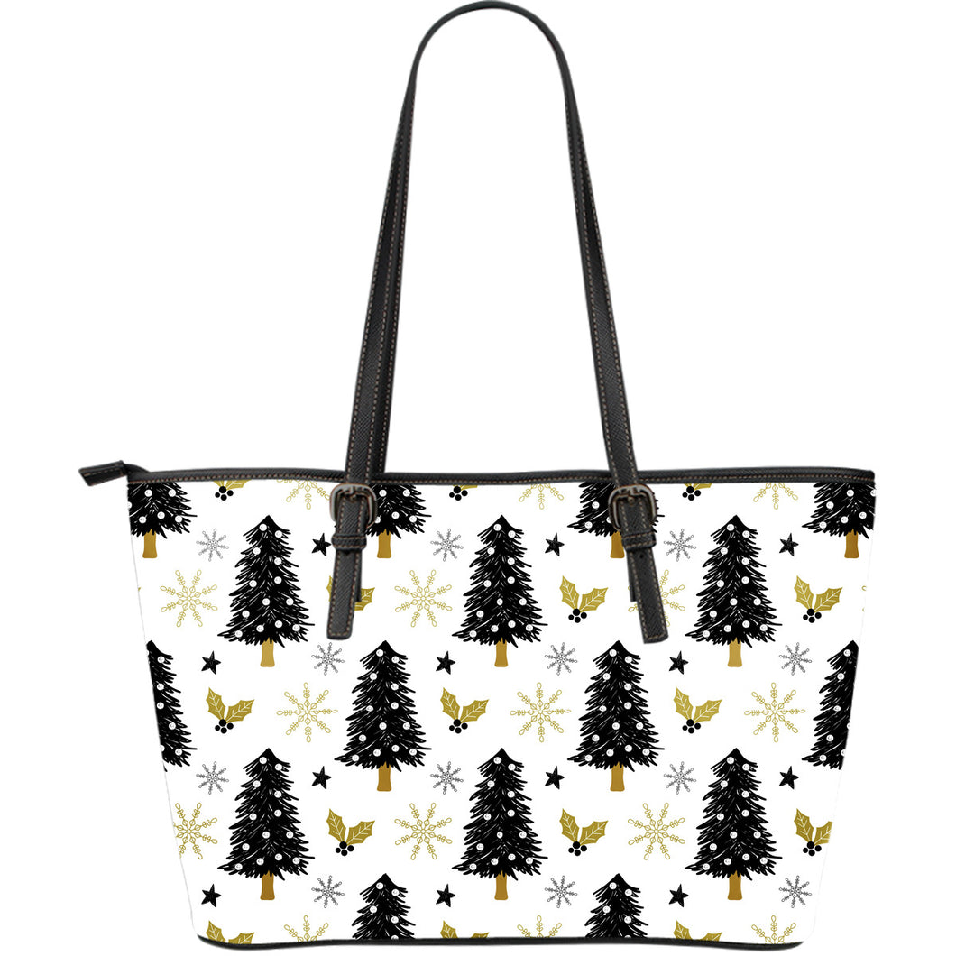 Christmas Tree Holly Snow Star Pattern Large Leather Tote Bag