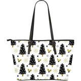 Christmas Tree Holly Snow Star Pattern Large Leather Tote Bag