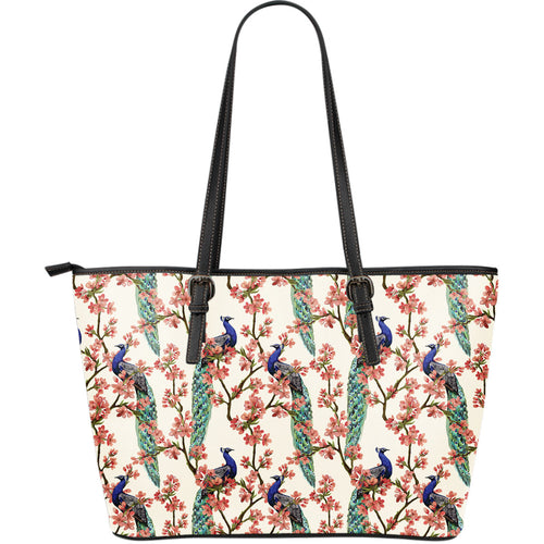 Peacock Tropical Flower Pattern Large Leather Tote Bag