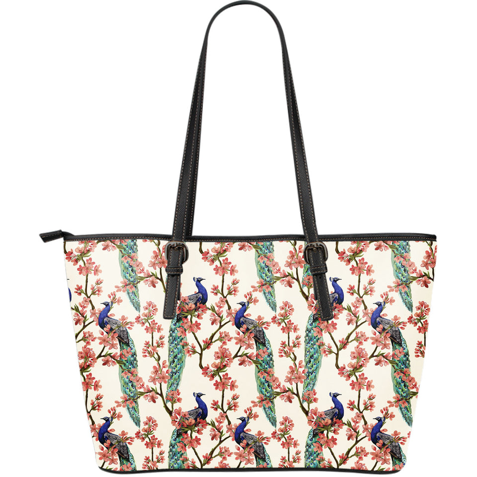 Peacock Tropical Flower Pattern Large Leather Tote Bag