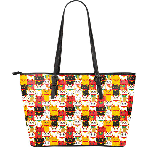 Colorful Maneki Neko Lucky Cat Pattern Large Leather Tote Bag